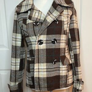 Classic Plaid Double-Breasted Brown and Cream Wool Blend Peacoat Vintage Y2K